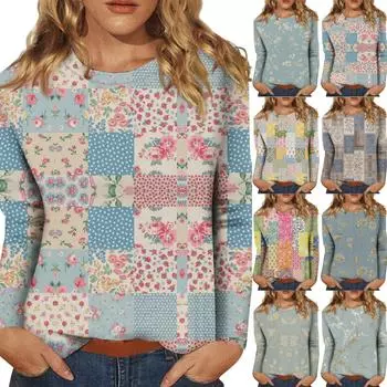 Женский повседневный модный сексуальный удобный крутой дышащий топ с градиентным цветным принтом, круглым вырезом и длинными рукавами M