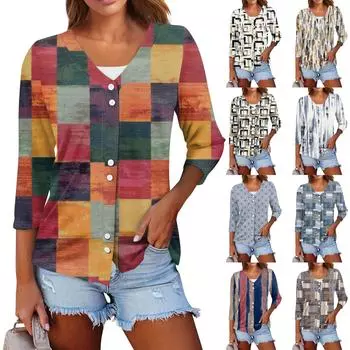 Женский повседневный модный сексуальный удобный крутой дышащий кардиган с геометрическим узором и v-образным вырезом на пуговицах, топ с рукавами три четверти S белый