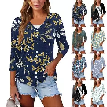 Женский повседневный модный сексуальный удобный крутой дышащий кардиган с v-образным вырезом и пуговицами с растительным принтом, рукава три четверти S