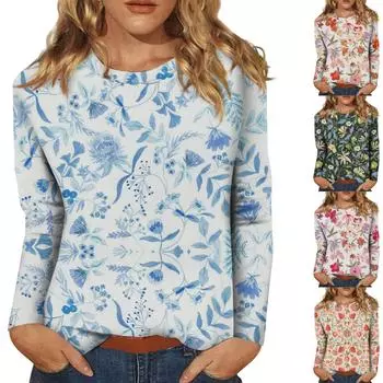 Женский повседневный модный сексуальный удобный крутой дышащий топ с градиентным цветным принтом, круглым вырезом и длинными рукавами S киноварь