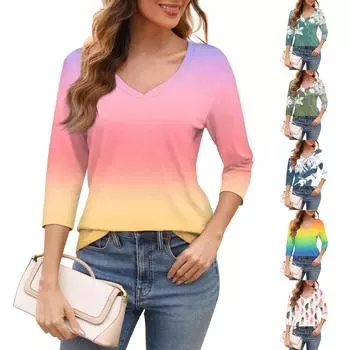 Женский повседневный модный сексуальный удобный крутой дышащий топ с v-образным вырезом и рукавами три четверти, с растительным цветочным принтом L армия зеленый