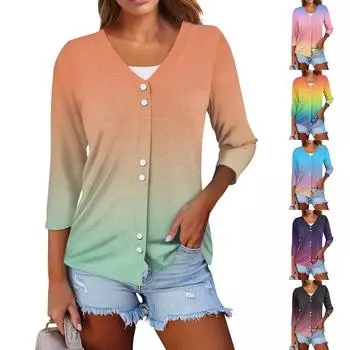 Женский повседневный модный сексуальный удобный крутой дышащий кардиган с градиентным цветным принтом и v-образным вырезом, три четверти, с короткими рукавами S