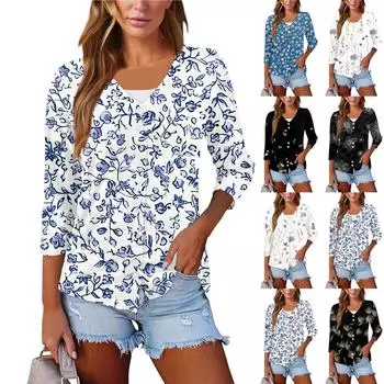 Женский повседневный модный сексуальный удобный крутой дышащий кардиган с v-образным вырезом и пуговицами с растительным принтом, рукава три четверти S золотой