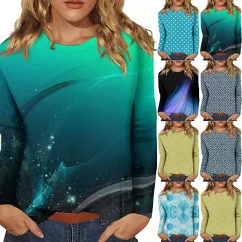 Женский повседневный модный сексуальный удобный крутой дышащий топ с градиентным цветным принтом, круглым вырезом и длинными рукавами S чёрный