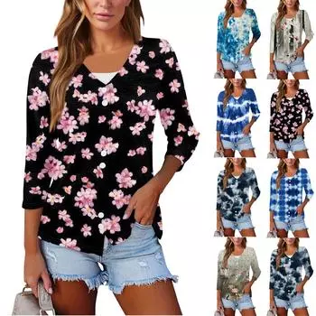 Женский повседневный модный сексуальный удобный крутой дышащий кардиган с v-образным вырезом и пуговицами с растительным принтом, рукава три четверти XL