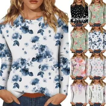 Женский повседневный модный сексуальный удобный крутой дышащий топ с градиентным цветным принтом, круглым вырезом и длинными рукавами XXXL синий