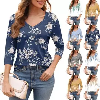 Женский повседневный модный сексуальный удобный крутой дышащий топ с v-образным вырезом и рукавами три четверти, с растительным цветочным принтом L