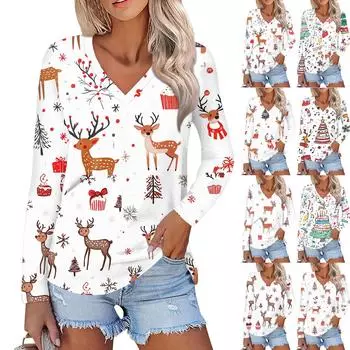 Женский повседневный модный сексуальный удобный рождественский принтованный топ с V-образным вырезом и длинными рукавами XL