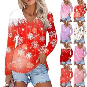Женский повседневный модный сексуальный удобный рождественский принтованный топ с V-образным вырезом и длинными рукавами S