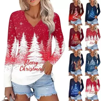 Женский повседневный модный сексуальный удобный рождественский принтованный топ с V-образным вырезом и длинными рукавами L