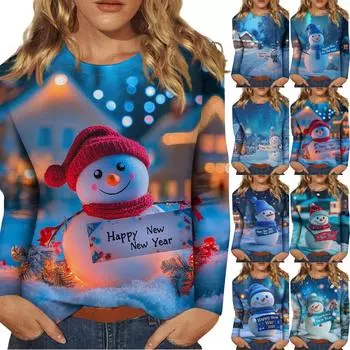 Женский повседневный модный сексуальный удобный рождественский принт с круглым вырезом и длинными рукавами M