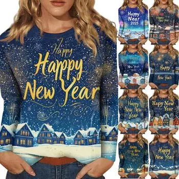 Женский повседневный модный сексуальный удобный рождественский принт с круглым вырезом и длинными рукавами XXL