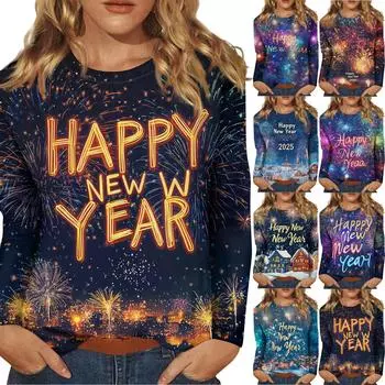 Женский повседневный модный сексуальный удобный рождественский принт с круглым вырезом и длинными рукавами XXXL