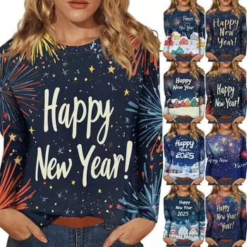 Женский повседневный модный сексуальный удобный рождественский принт с круглым вырезом и длинными рукавами L чёрный