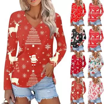 Женский повседневный модный сексуальный удобный рождественский принтованный топ с V-образным вырезом и длинными рукавами XXXL тёмно-синий