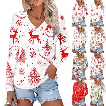 Женский повседневный модный сексуальный удобный рождественский принтованный топ с V-образным вырезом и длинными рукавами L