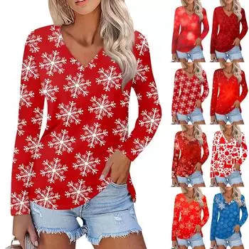 Женский повседневный модный сексуальный удобный рождественский принтованный топ с V-образным вырезом и длинными рукавами M