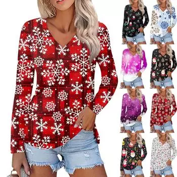 Женский повседневный модный сексуальный удобный рождественский принтованный топ с V-образным вырезом и длинными рукавами S