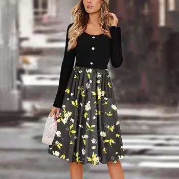 Женский повседневный модный сексуальный удобный сарафан с пуговицами, длинными рукавами и карманами, платье с цветочным принтом L чёрный