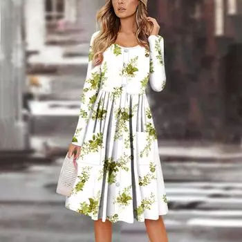 Женский повседневный модный сексуальный удобный сарафан с пуговицами, длинными рукавами и карманами, платье с цветочным принтом L армия зеленый