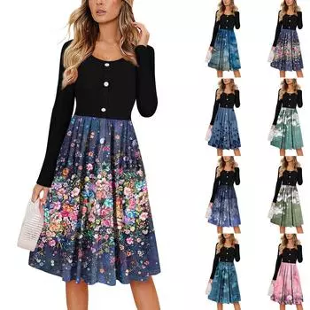 Женский повседневный модный сексуальный удобный сарафан с пуговицами, длинными рукавами и карманами, платье с цветочным принтом XL бирюзовый