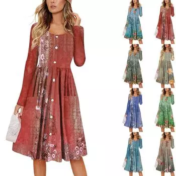 Женский повседневный модный сексуальный удобный сарафан с пуговицами, длинными рукавами и карманами, платье с цветочным принтом S серый