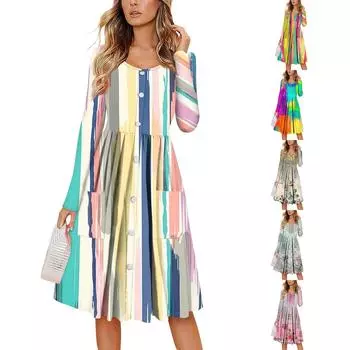 Женский повседневный модный сексуальный удобный сарафан с пуговицами, длинными рукавами и карманами, платье с цветочным принтом L серый