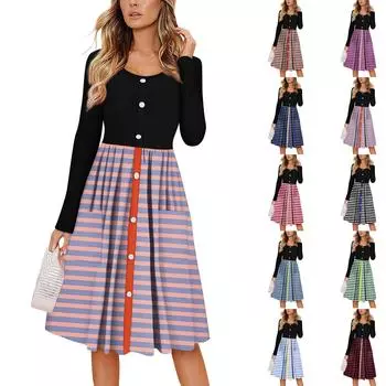 Женский повседневный модный сексуальный удобный сарафан с пуговицами, длинными рукавами и карманами, полосатым принтом L армия зеленый