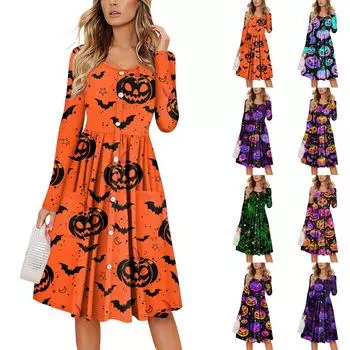 Женский повседневный модный сексуальный удобный сарафан с пуговицами, длинными рукавами и карманами, платье с принтом на Хэллоуин L зелёный