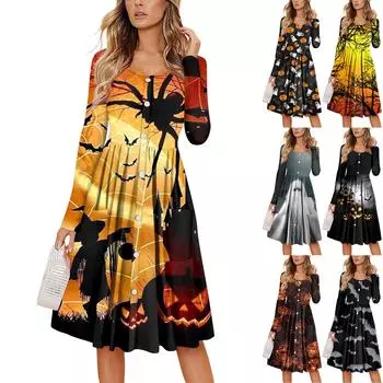 Женский повседневный модный сексуальный удобный сарафан с пуговицами, длинными рукавами и карманами, платье с принтом на Хэллоуин XXL серый