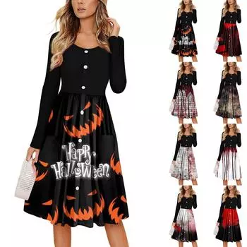 Женский повседневный модный сексуальный удобный сарафан с пуговицами, длинными рукавами и карманами, платье с принтом на Хэллоуин XXL