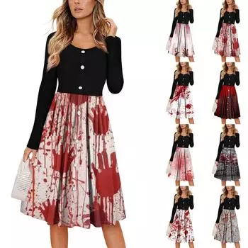 Женский повседневный модный сексуальный удобный сарафан с пуговицами, длинными рукавами и карманами, платье с принтом на Хэллоуин XXL