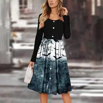 Женский повседневный модный сексуальный удобный сарафан с пуговицами, длинными рукавами и карманами, платье с принтом на Хэллоуин XL тёмно-синий