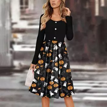 Женский повседневный модный сексуальный удобный сарафан с пуговицами, длинными рукавами и карманами, платье с принтом на Хэллоуин XXL чёрный