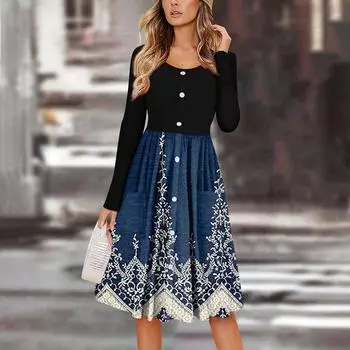 Женский повседневный модный сексуальный удобный сарафан с пуговицами, длинными рукавами и карманами, платье с цветочным принтом L тёмно-синий