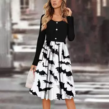 Женский повседневный модный сексуальный удобный сарафан с пуговицами, длинными рукавами и карманами, платье с принтом на Хэллоуин XL