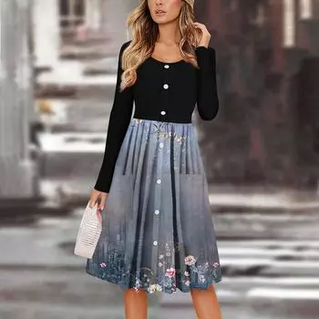 Женский повседневный модный сексуальный удобный сарафан с пуговицами, длинными рукавами и карманами, платье с цветочным принтом XL