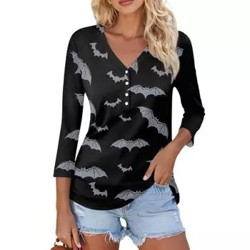 Женский Повседневный Модный Сексуальный Удобный Топ с V-образным вырезом и рукавом семь восьмых на Хэллоуин XXL чёрный