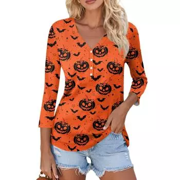 Женский Повседневный Модный Сексуальный Удобный Топ с V-образным вырезом и рукавом семь восьмых на Хэллоуин XL киноварь