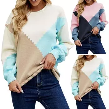 Женский повседневный модный свитер с круглым вырезом, свободный геометрический свитер с цветными блоками M тёмно-синий