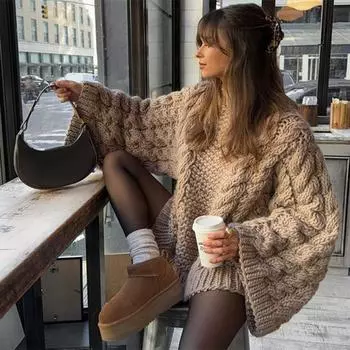 Женский повседневный модный свитер свободного кроя с круглым вырезом, однотонный вязаный пуловер, осенне-зимний свободный трикотаж с длинными рукавами S хаки