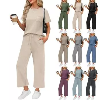 Женский повседневный модный свободный костюм с коротким рукавом и широкими брюками с круглым вырезом XL