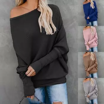 Женский повседневный модный свободный однотонный сексуальный вязаный топ на одно плечо с длинными рукавами XL чёрный