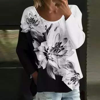 Женский повседневный модный свободный топ с круглым вырезом и цветочным принтом, с длинным рукавом S чёрный