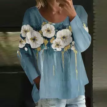 Женский повседневный модный свободный топ с круглым вырезом и цветочным принтом, с длинным рукавом M циан