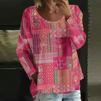 Женский повседневный модный свободный топ с круглым вырезом и цветочным принтом, с длинным рукавом M розовый