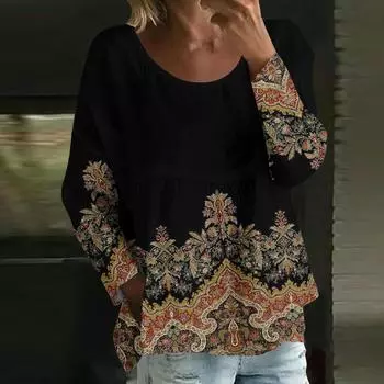 Женский повседневный модный свободный топ с круглым вырезом и цветочным принтом, с длинным рукавом M чёрный