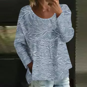 Женский повседневный модный свободный топ с круглым вырезом и цветочным принтом, с длинным рукавом L синий