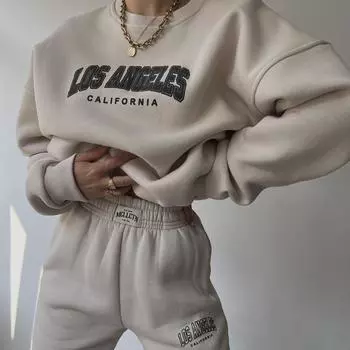 Женский повседневный модный толстый костюм с принтом плюс флисовая толстовка + брючный костюм S абрикосовый