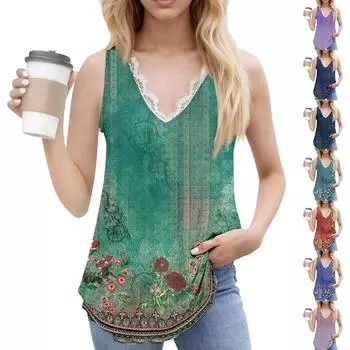 Женский повседневный модный топ без рукавов с V-образным вырезом и цветочным узором M тёмно-синий